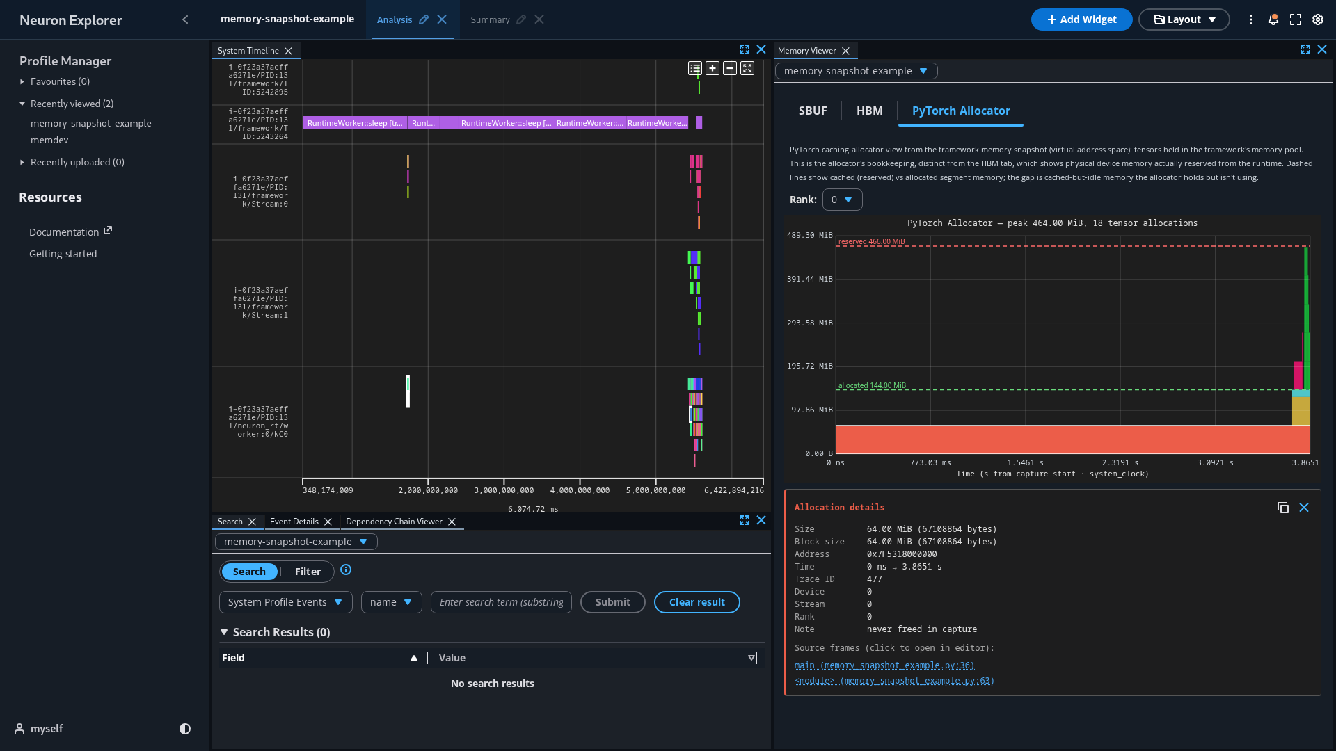 Clicking an allocation in the PyTorch Allocator tab highlights the runtime allocate and free events that share its trace ID