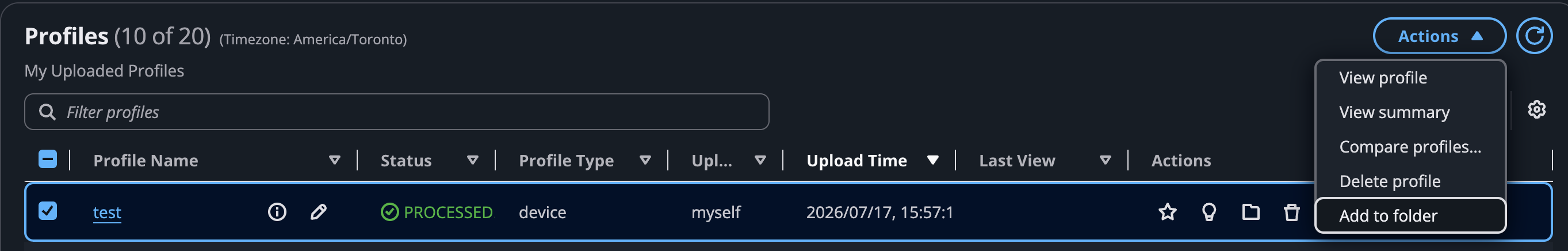 A selected profile in the My Uploaded Profiles table with the Actions menu open on Add to folder, and the folder icon visible in the Actions column of the row.