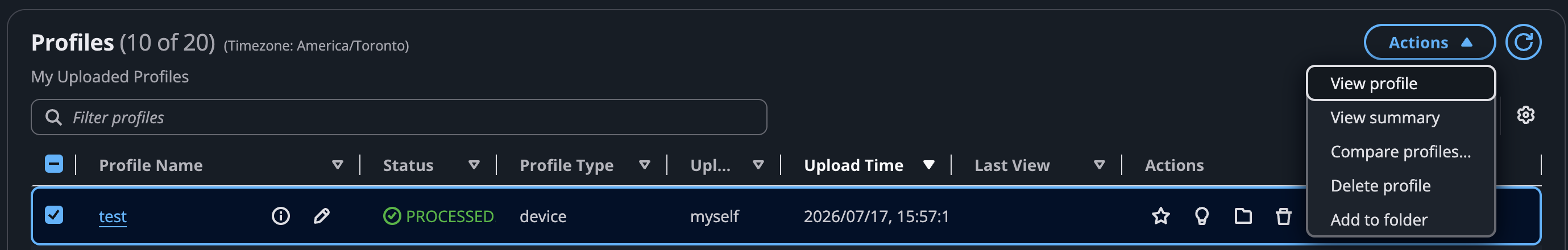 The My Uploaded Profiles table with a profile selected, the delete icon in the Actions column, and the Actions menu open on Delete profile.