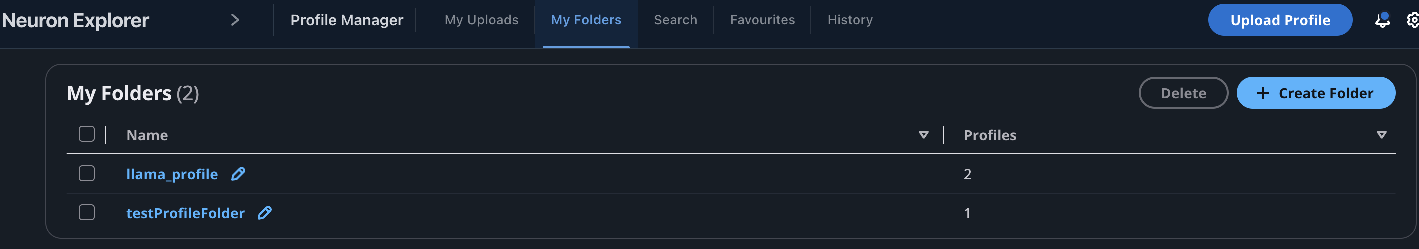 The My Folders tab listing two folders with the number of profiles in each, an edit icon beside each folder name, and the Delete and Create Folder buttons.
