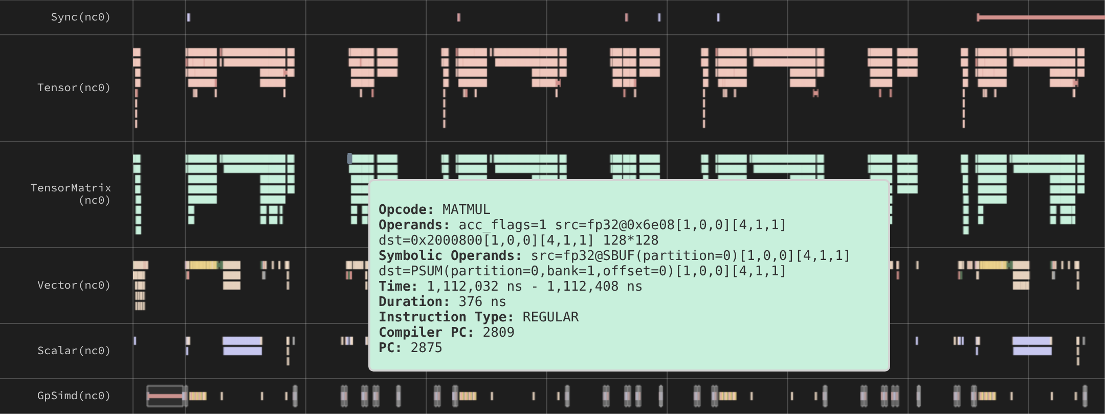 Instruction tracks for each NeuronCore engine with a hover tooltip on a TensorMatrix MATMUL instruction
