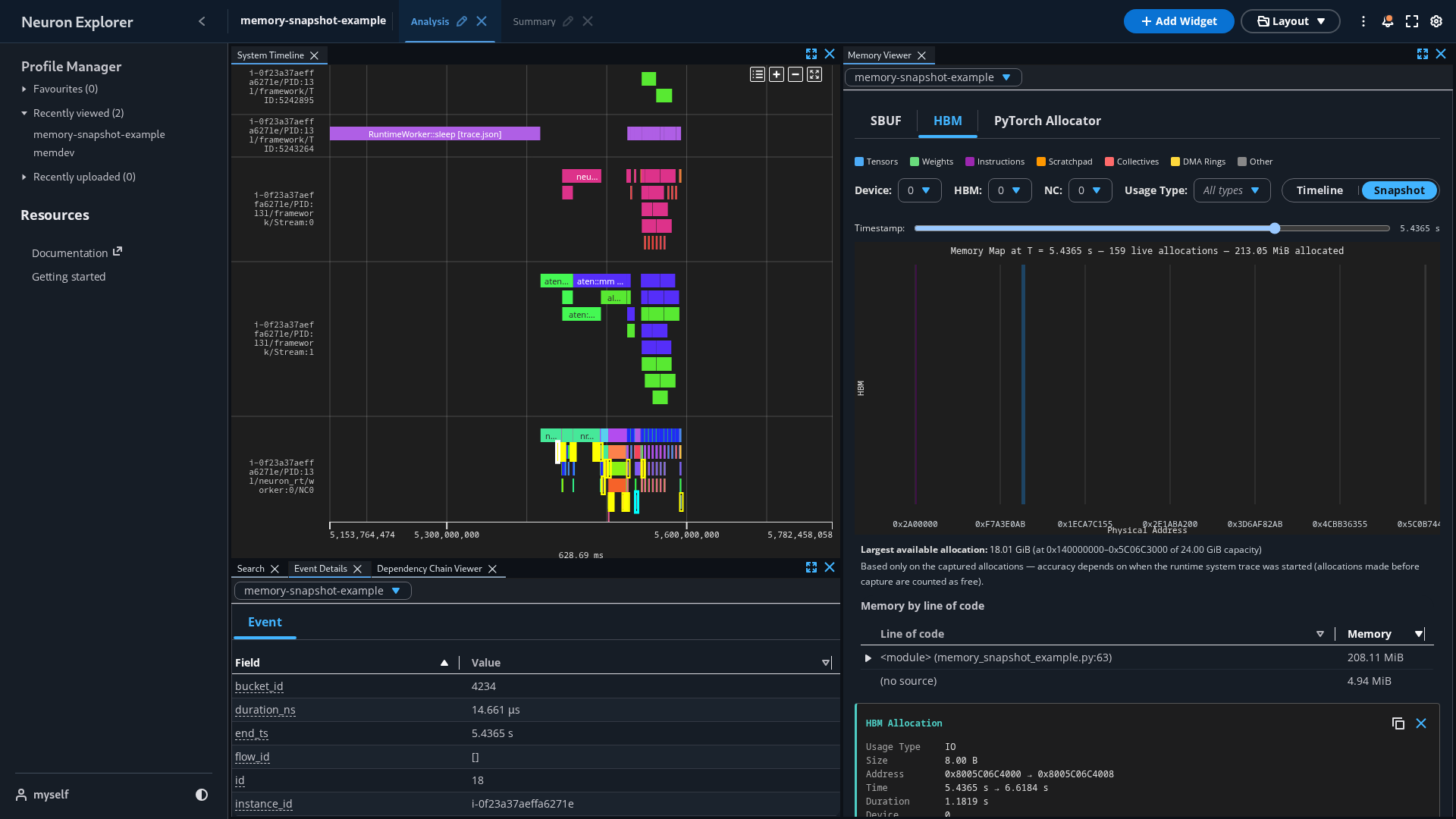 Clicking an nrt_dma_mem_alloc event in the System Trace Viewer opens the Memory Viewer HBM Snapshot view with the allocation selected
